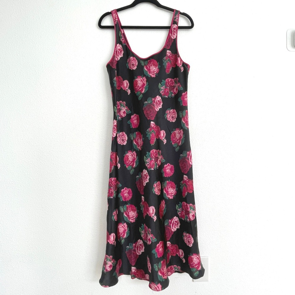 Cruz Vintage Floral Satin Midi Slip Dress Black Pink Rose Size M  Sleeveless